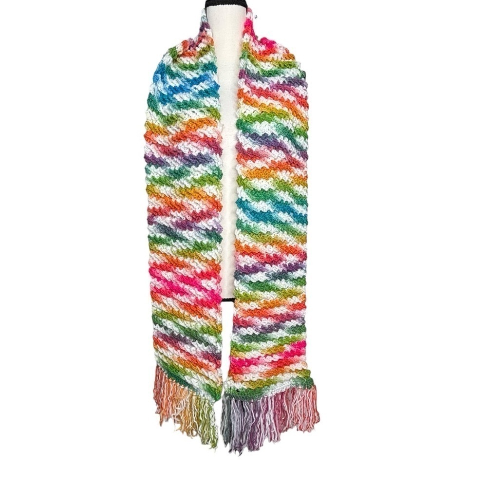 Handcrafted Crochet Scarf Colorful Multicolor Womens Ripple Waffle Stitch Knit - Picture 4 of 16